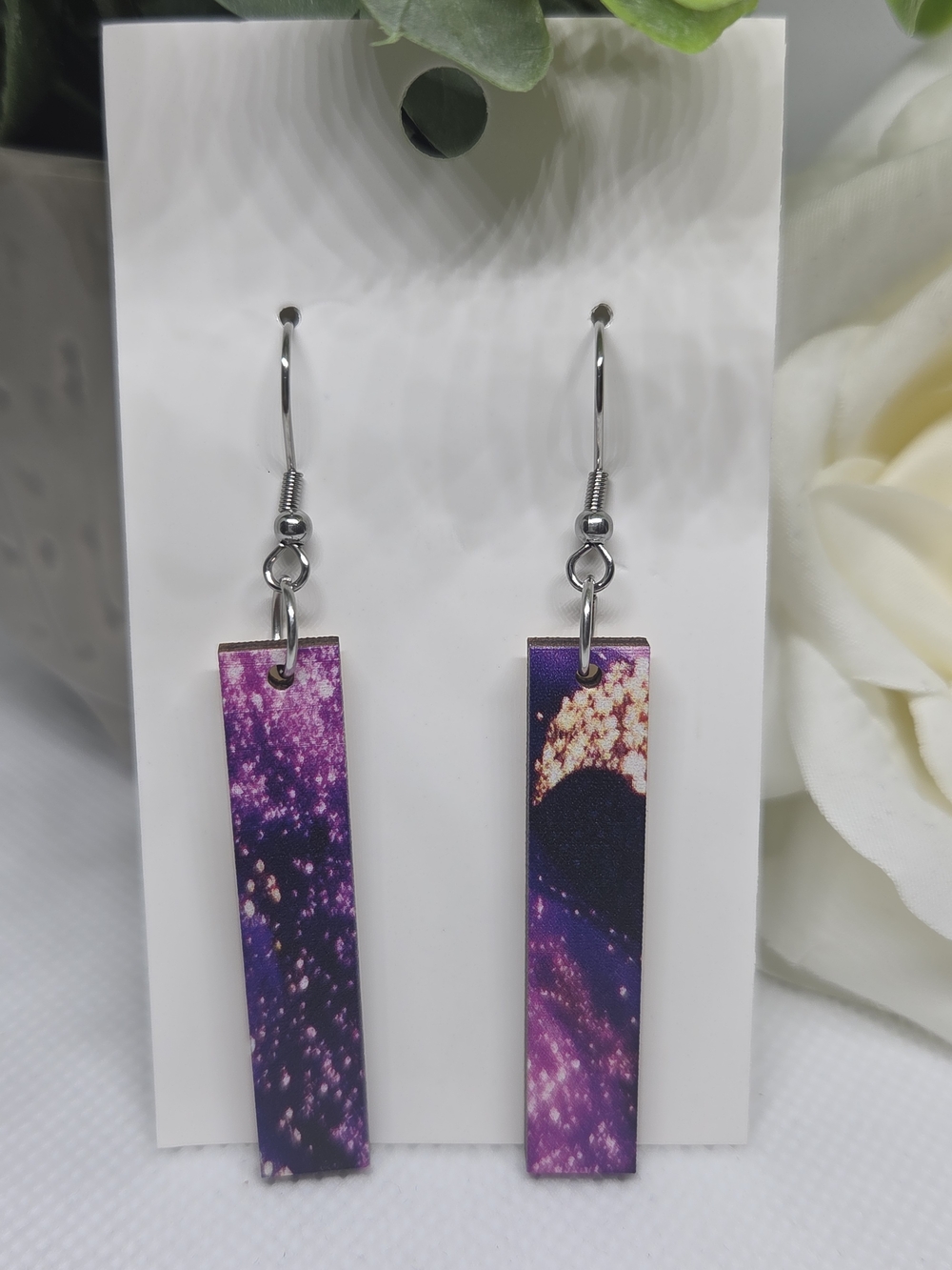 Purple Galaxy Inspired Bar Drop Earrings